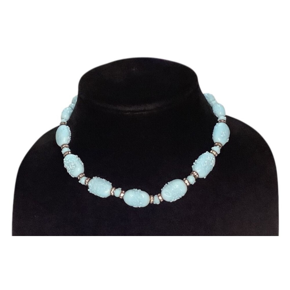 Vintage Miriam Haskell Turquoise Textured Beads & Rhinestones Unsigned Necklace